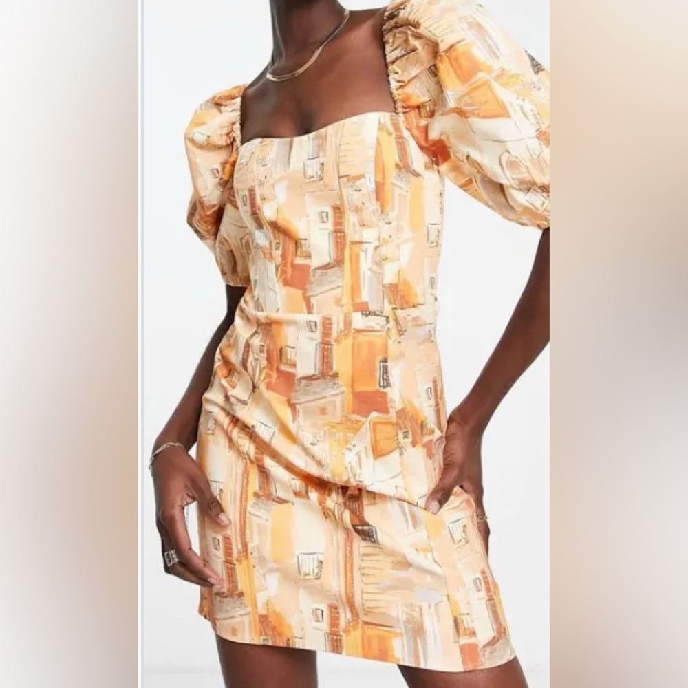 NWT &Other Stories Orange and Brown Puff Sleeve Dress